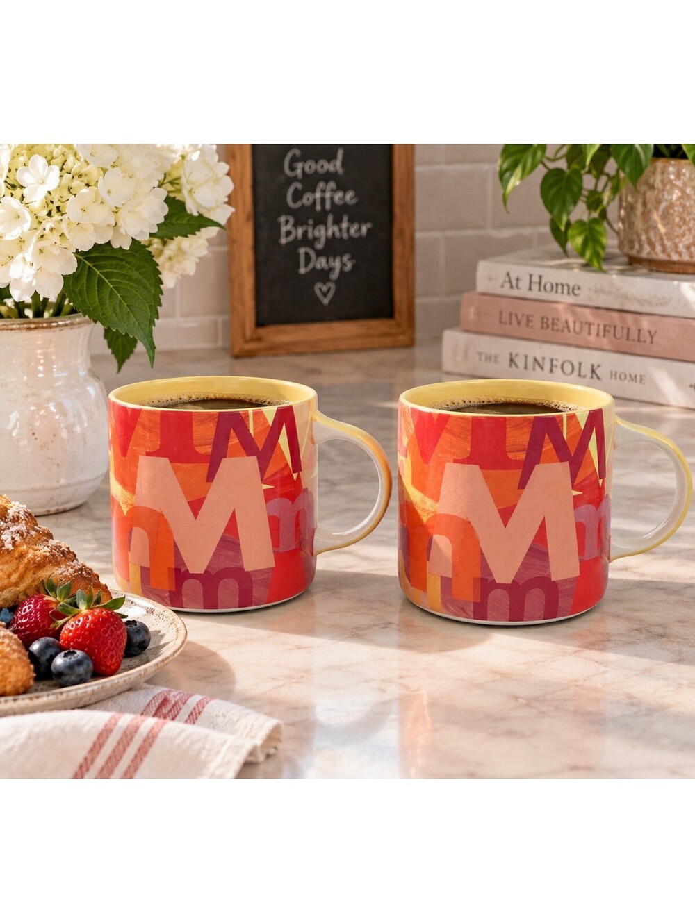 Anthropologie Lottie Monogram M Mugs Set of 2 Colorful Abstract 18.5 oz